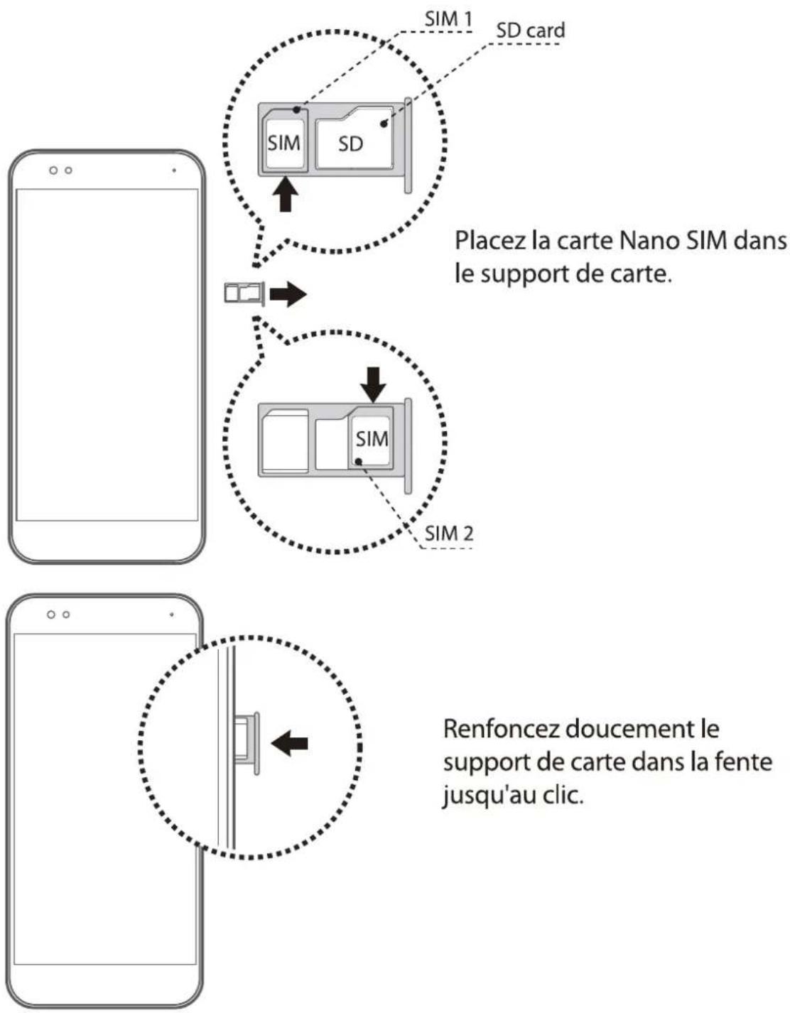 SIM 1 SD card Placez la carte Nano SIM dans le support de carte. SIM SIM SIM 2 Renfoncez doucement le support de carte dans la fente jusqu'au clic.