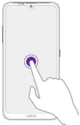 Illustration of a hand pressing a button on a smartphone screen (no text or symbols visible)