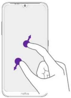 Diagram showing hand gesture application on smartphone with purple directional arrows indicating movement or action