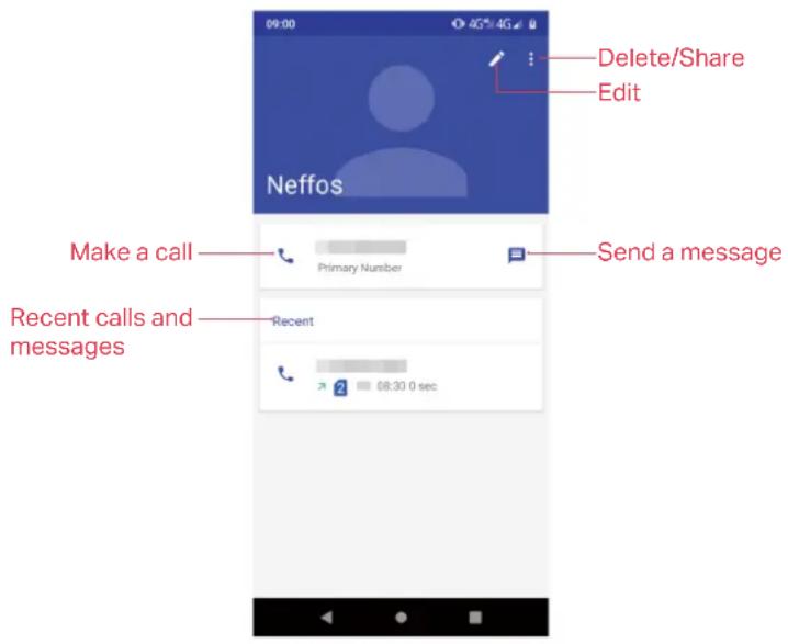09:00 4G*4G Delete/Share Edit Neffos Make a call Primary Nurniber Send a message Recent calls and messages Recent 08:30 0 sec