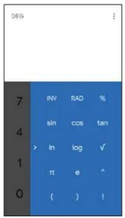 DEG 7 INV RAD % 4 sin cos tan > ln log ✓ 1 π e ^ 0 ( ) !
