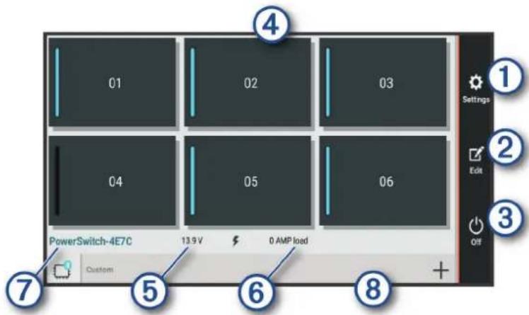 01 02 03 04 05 06 Settings Edit PowerSwitch-4E7C 13.9V 0 AMP load Custom 7 ④ ② ③ Off ⑤ ⑥ ⑧