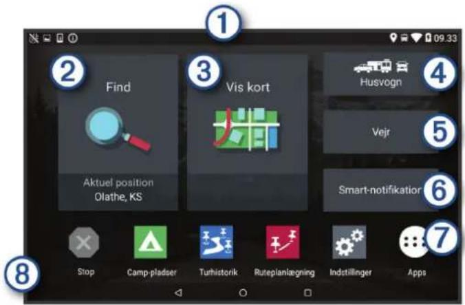 1 2 Find 3 Vis kort 4 Husvogn 5 Vejr 6 Smart-notifikation 7 8 Stop Camp-pladser Turhistorik Ruteplanlægning Indstillinger Apps