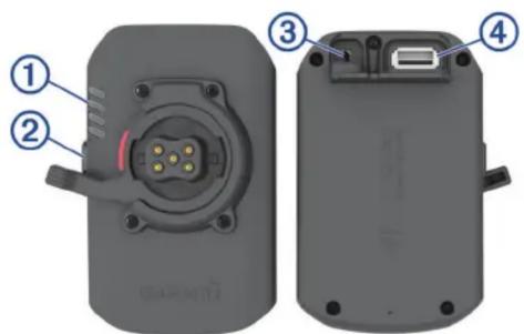 Diagram of a device rear panel with labeled components including connector pin, port, and battery