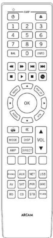 AMP 1 2 3 4 5 6 7 8 9 BAL 0 INFO OK MODE DISP VOL AMP DIRECT PHOME AUX NET USB AV SAT PVR GAME BD CD STB PC USB ARCAM