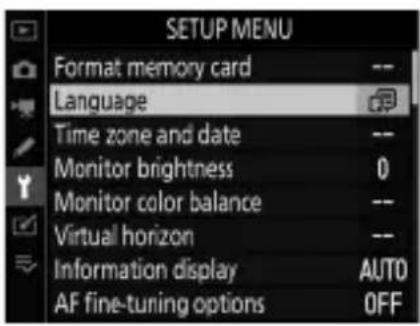 SETUP MENU Format memory card -- Language Time zone and date -- Monitor brightness 0 Monitor color balance -- Virtual horizon -- Information display AUTO AF fine-tuning options OFF