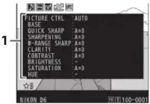 PICTURE CTRL : AUTO BASE : QUICK SHARP : A±0 SHARPENING : A±0 M-RANGE SHARP : A±0 CLARITY : A±0 CONTRAST : A±0 BRIGHTNESS : - SATURATION : A±0 HUE : -