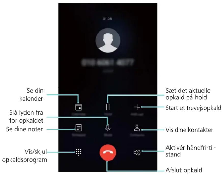 01:08 Se din kalender Slå lyden fra for opkaldet Se dine noter Vis/skjul opkaldsprogram Sæt det aktuelle opkald på hold Start et trevejsopkald Vis dine kontakter Aktivér håndfri-tilstand Afslut opkald