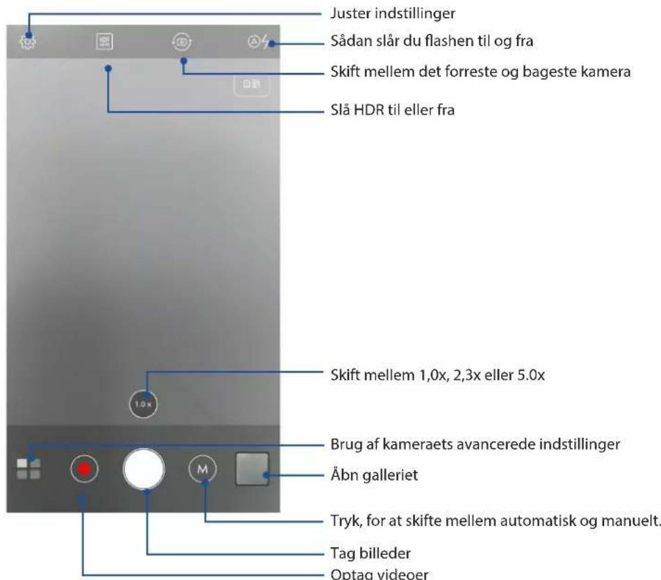Juster indstillinger Sådan slår du flashen til og fra Skift mellem det forreste og bageste kamera Slå HDR til eller fra Skift mellem 1,0x, 2,3x eller 5.0x Brug af kameraets avancerede indstillinger Åbn galleriet Tryk, for at skifte mellem automatisk og manuelt. Tag billeder Optag videoer