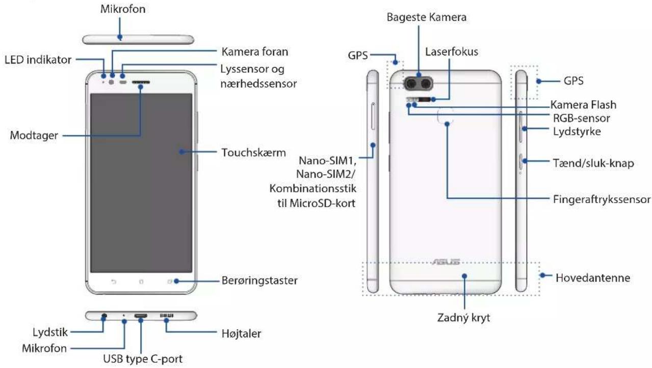 Mikrofon LED indikator Kamera foran Lyssensor og nærhedssensor Modtager Touchskærm Nano-SIM1, Nano-SIM2/ Kombinationsstik til MicroSD-kort Berøringstaster Lydstik Mikrofon USB type C-port Højtaler Bageste Kamera GPS Laserfokus GPS Kamera Flash RGB-sensor Lydstyrke Tænd/sluk-knap Fingeraftrykssensor Zadný kryt Hovedantenne