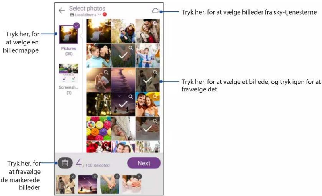 Select photos Local albums Tryk her, for at vælge billeder fra sky-tjenesterne Tryk her, for at vælge en billedmappe Pictures (30) Screensh... (1) Tryk her, for at vælge et billede, og tryk igen for at fravælge det Tryk her, for at fravælge de markerede billeder 4 / 100 Selected Next
