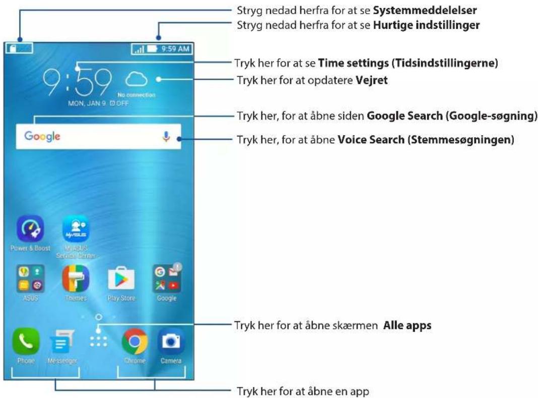 Stryg nedad herfra for at se Systemmeddelelser Stryg nedad herfra for at se Hurtige indstillinger Tryk her for at se Time settings (Tidsindstillingerne) Tryk her for at opdatere Vejret Tryk her, for at åbne siden Google Search (Google-søgning) Tryk her, for at åbne Voice Search (Stemmesøgningen) Google Power & Boost MyASUS Service Center ASUS Themes Play Store Google Tryk her for at åbne skærmen Alle apps Phone Messenger Chrome Camera Tryk her for at åbne en app