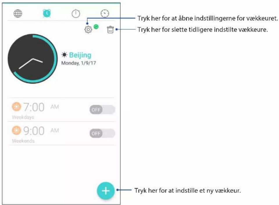Tryk her for at åbne indstillingerne for vækkeuret. Tryk her for slette tidligere indstilte vækkeure. Beijing Monday, 1/9/17 7:00 AM Weekdays 9:00 AM Weekends Tryk her for at indstille et ny vækkeur.