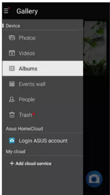 Gallery Device Photos Videos Albums Events wall People Trash Asus HomeCloud Login ASUS account My cloud + Add cloud service