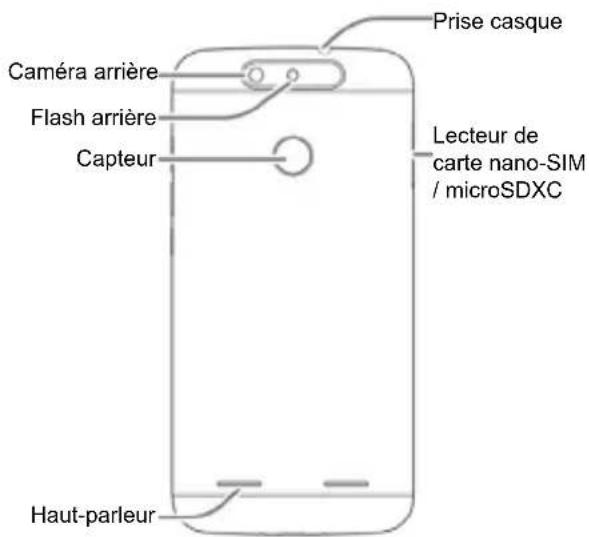 Prise casque Caméra arrière Flash arrière Capteur Lecteur de carte nano-SIM / microSDXC Haut-parleur