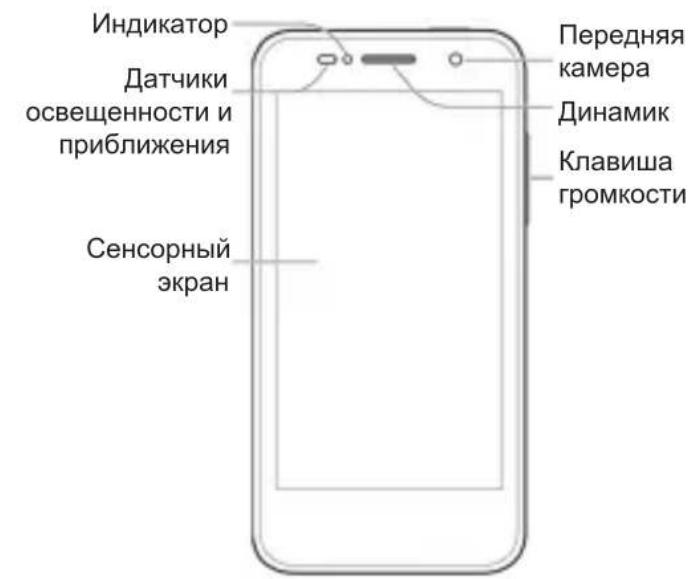 Индикатор Датчики освещенности и приближения Сенсорный экран Передняя камера Динамик Клавиша громкости