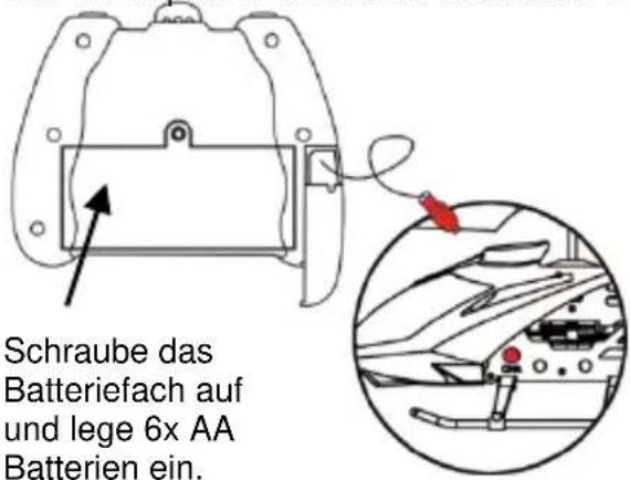 Schraube das Batteriefach auf und lege 6x AA Batterien ein.