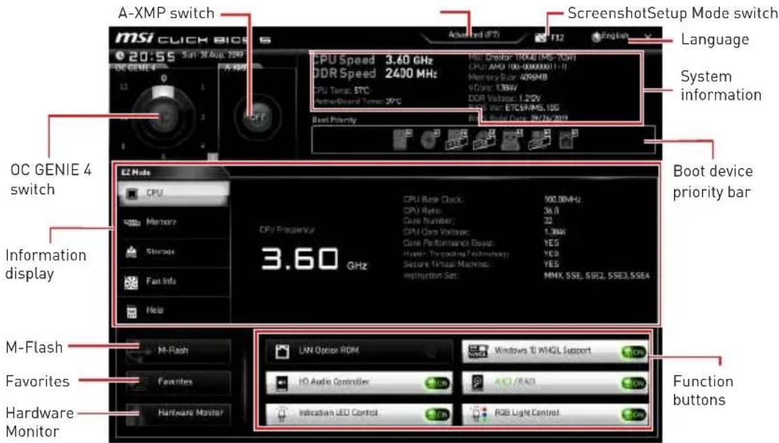 A-XMP switch MSI CLICK BIOS 20:55 Sun 36 Auto 20XP CPU Speed 3.60 GHz DDR Speed 2400 MHz CPU Tens: S7C Core Board Tone: 20°C Best Priority Screenshot Setup Mode switch Language System information Boot device priority bar OC GENIE 4 switch Information display M-Flash Favorites Hardware Monitor CPU Frequency/Hz 3.60 GHz CPU Risk Clock: 100.0MHz CPU Rate: 36.0 Core Number: 32 CPU Core Voltage: 1.3W Core Performance Basic: YES Insulation: Transpolar Technology: YES Secure Virtual Control: YES Instruction Set: MMX, SSE, SSE2, SSE3, SSE4 LAN Option FDM Windows TO WHQL Support IO Audio Controller AIO /RAD Indication LED Control RGB Light Control Function buttons