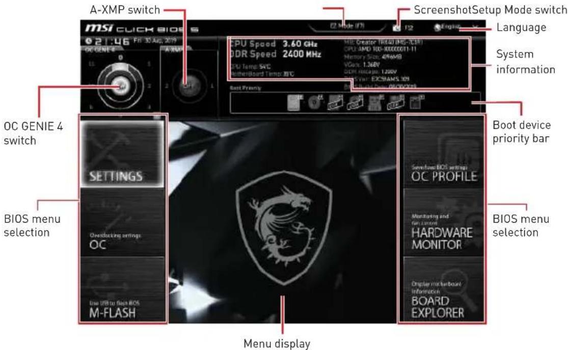 MSI CLICK BIOS 21:46 Fri 30 Aug. 2019 A-XMP switch ScreenshotSetup Mode switch Language System information CPU Speed 3.60 GHz MIE Creator TR(4.0) (MHz-5.18) CPU AMD 100-30000071-11 Memory Size: 494W8 VCore: 1.36V DDR Rescage: 1.36V USB Year: EXSIAMS 101 Boot Priority BIOS menu selection OC GENIE 4 switch SETTINGS Overdocking settings OC Use USB to fix BIOS M-FLASH Menu display Boot device priority bar Software BIOS settings OC PROFILE Monitoring and for Linux HARDWARE MONITOR Display masterboard/ Information BOARD EXPLORER BIOS menu selection