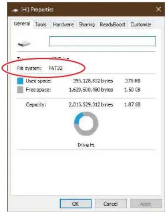 (H:) Properties General Tools Hardware Sharing ReadyBoost Customize Twin 100 Drive File system: FAT32 Used space: 395,128,832 bytes 376 MB Free space: 1,629,500,480 bytes 1.50 GB Capacity: 2,015,629,312 bytes 1.87 GB Drive Hs OK Cancel Apply