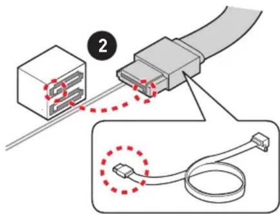 Diagram showing cable connection to a device with numbered components and red dashed lines indicating connection paths.
