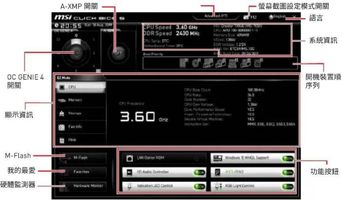 A-XMP 開關 MSI CLICK BICS 20:55 Sun 36 AV 1099 OC GENIE 4 OC GENIE 4 開關 顯示資訊 M-Flash 我的最愛 硬體監測器 CPU Speed: 3.60 GHz DDR Speed: 2400 MHz CPU Time: 37C Network Board Timer: 37C Best Priority: CPU Base Click: 100.0MHz CPU Rate: 36.0 Case Number: 32 CPU Case Voltage: 1.3W Case Performance Busset: YES Hyper Transmission Technology: YES Secure Virtual Machine: YES Instruction Set: MMX SSE, SSE2, SSE3, SSE4 LUN Option ROM Windows 10 DHCP Support HD Audio Controller ACI/RAD Initiation LED Control RGB Light Control 螢幕截圖設定模式開關 語言 系統資訊 開機裝置順序列 功能按鈕