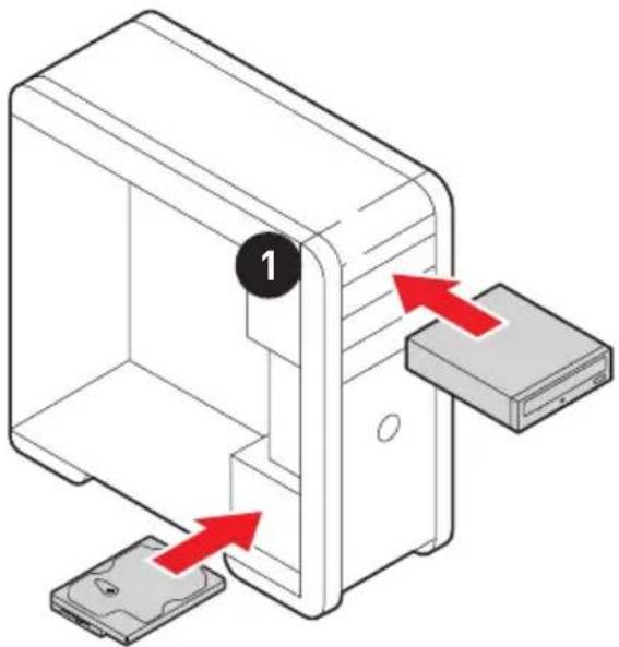 Diagram showing a computer case with a labeled component and red arrows indicating movement or assembly.