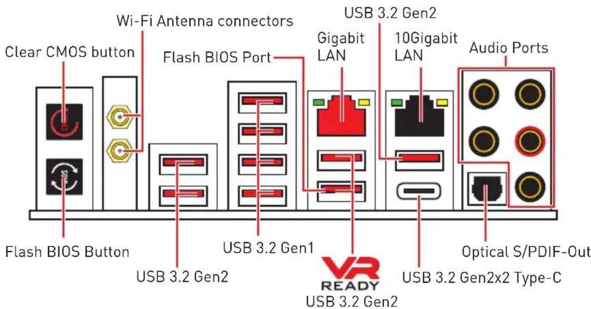 Clear CMOS button Wi-Fi Antenna connectors Flash BIOS Port USB 3.2 Gen1 Gigabit LAN USB 3.2 Gen2 10Gigabit LAN Audio Ports Flash BIOS Button USB 3.2 Gen2 VR READY USB 3.2 Gen2 USB 3.2 Gen2x2 Type-C Optical S/PDIF-Out