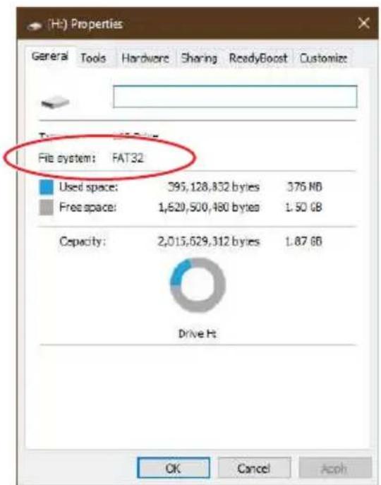 (H:) Properties General Tools Hardware Sharing ReadyBoost Customize Transport: FAT32 File system: FAT32 Used space: 395,128,832 bytes 376 MB Free space: 1,629,500,480 bytes 1.50 GB Capacity: 2,015,629,312 bytes 1.87 GB Drive H: OK Cancel Acph
