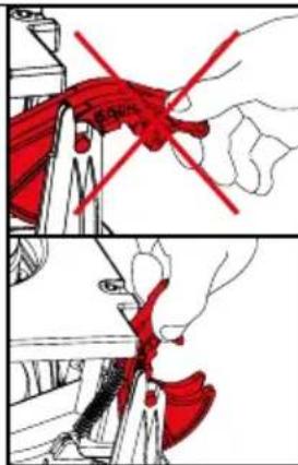 Diagram illustrating a hand using a tool to cut a red object, with a red X mark indicating the process.