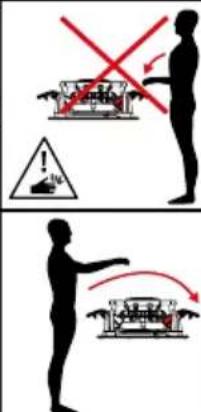 Diagram illustrating safety rules for a vehicle, showing correct and incorrect actions with red prohibition signs.