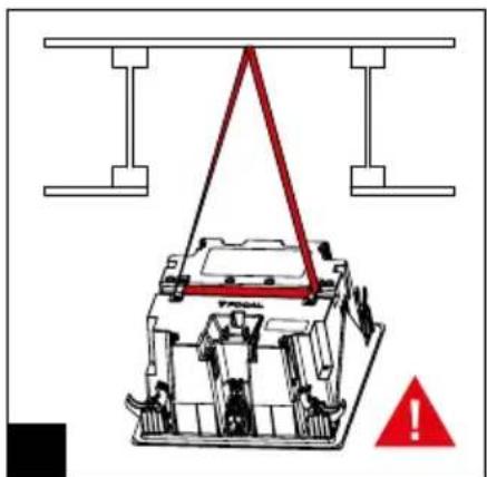 Technical diagram showing a mechanical assembly with a red triangular load and warning symbol
