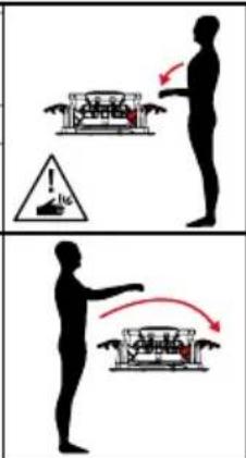 Diagram illustrating human and individual scenarios of a device with warning symbols and directional arrows indicating movement or interaction.