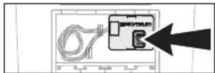 Diagram showing a device with cable and labeled components, including a directional arrow pointing to it.