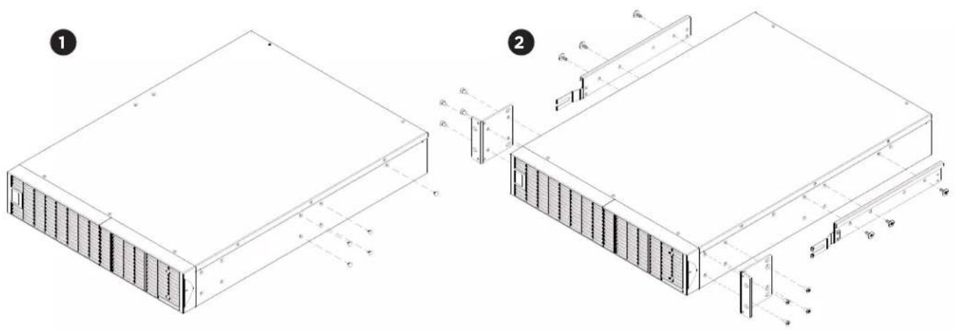 Technical diagram showing two views of a server rack with labeled components and dimensions