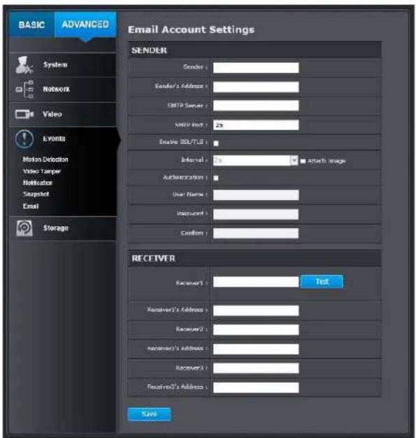 BASIC ADVANCED Email Account Settings SENDER Gender: Gender's Address: SMTP Server: SNET POST: 25 Enable DOI/TUG: Internal: 0% attach image Authentication: User Name: Accounted: Confirm: RECEIVER Receiver1: Text Receiver's Address: Receiver2: Receiver's Address: Receiver3: Receiver's Address: Save