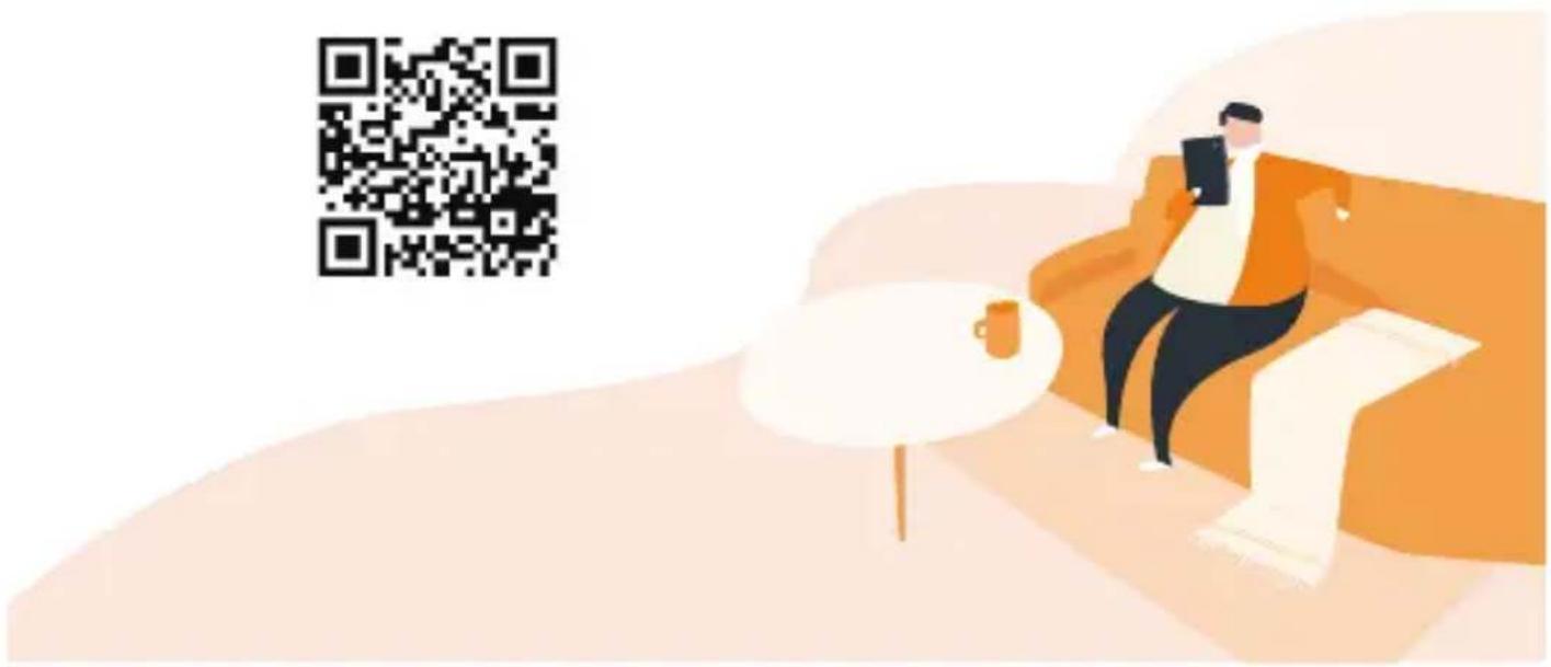 Illustration of a person sitting on a sofa with a QR code in the background, likely for digital access or app scanning.