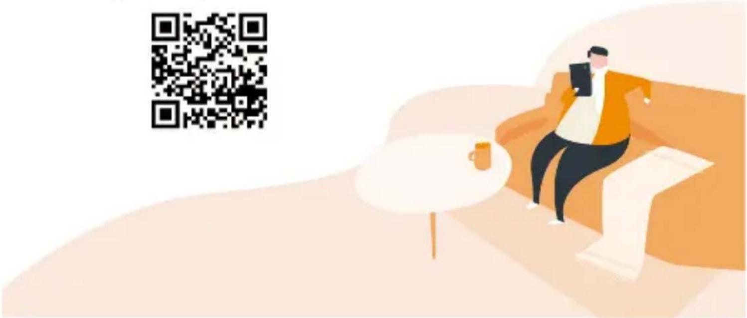 Illustration of a person sitting on a sofa with a QR code in the background, likely for digital access or app scanning.