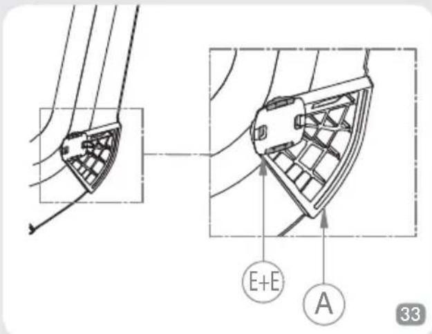 Technical diagram showing mechanical assembly with labeled parts A and E+E, including a detailed cross-section view.