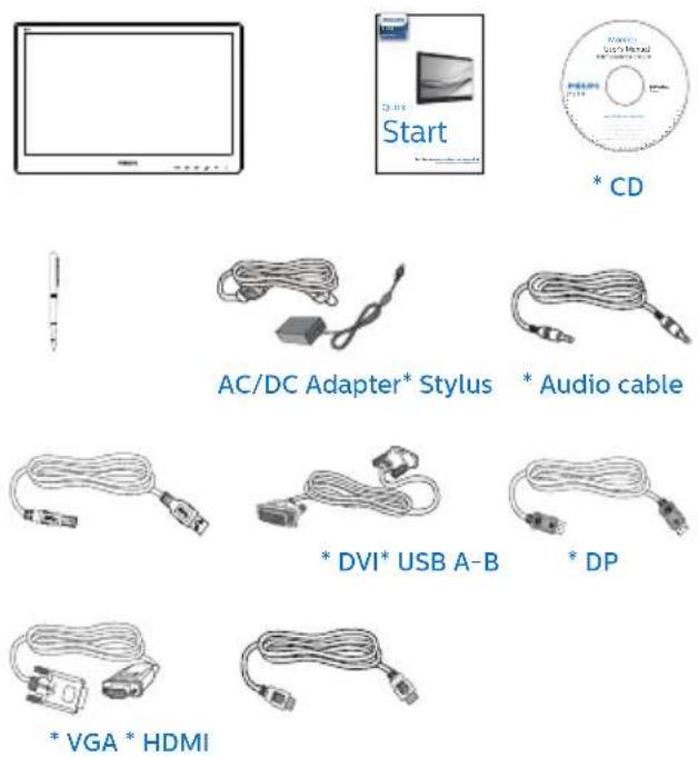 AC/DC Adapter* Stylus * Audio cable * DVI* USB A-B * DP * VGA * HDMI