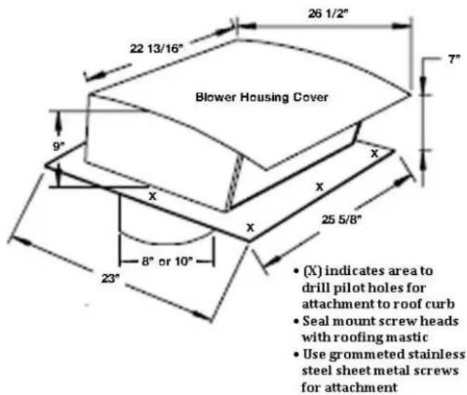 26 1/2" 22 13/16" Blower Housing Cover 7" 9" X X X 25 5/8" 23" 8" or 10" • (X) indicates area to drill pilot holes for attachment to roof curb • Seal mount screw heads with roofing mastic • Use grommeted stainless steel sheet metal screws for attachment