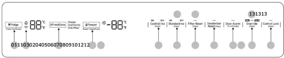 Fridge Power Cool(3 sec) 88 °C °F FreshZone Cheese Cold Drinks Chill/Meat Freezer Power Freeze(3 sec) -88 °C °F 01110302040506070809101212 ON OFF ON OFF Cocktail Ice (3 sec) Standard Ice (3 sec) Filter Reset (3 sec) Deodorizer Reset (3 sec) Door Alarm (3 sec) Override (3 sec) Control Lock (3 sec) 131313