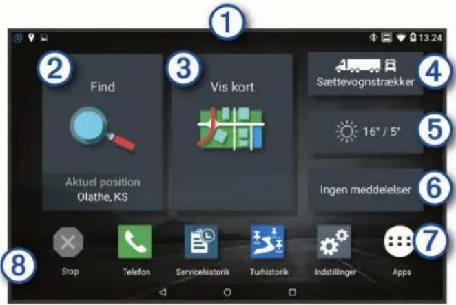 1 2 Find 3 Vis kort 4 Sættevognstrækker 5 16° / 5° 6 Ingen meddelelser 7 8 Stop Telefon Servicehistorik Turhistorik Indstillinger Apps