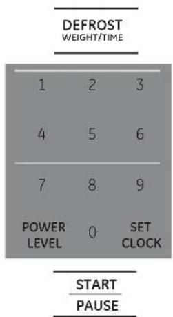 DEFROST WEIGHT/TIME 1 2 3 4 5 6 7 8 9 POWER LEVEL 0 SET CLOCK START PAUSE