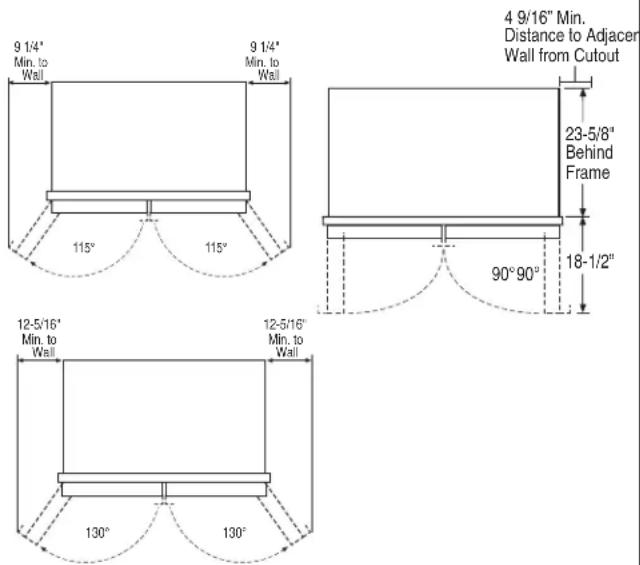 9 1/4" Min. to Wall 9 1/4" Min. to Wall 115° 115° 4 9/16" Min. Distance to Adjacer Wall from Cutout 23-5/8" Behind Frame 90°90° 18-1/2" 12-5/16" Min. to Wall 12-5/16" Min. to Wall 130° 130°