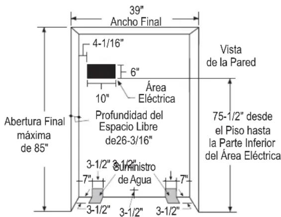 39" Ancho Final 4-1/16" 6" 10" Área Eléctrica Profundidad del Espacio Libre de26-3/16" 75-1/2" desde el Piso hasta la Parte Inferior del Área Eléctrica Vista de la Pared Abertura Final máxima de 85" 3-1/2" 3-1/2" Suministro de Agua 7" 3-1/2" 3-1/2" 3-1/2"