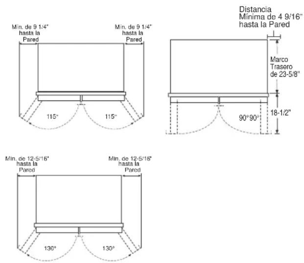Min. de 9 1/4" hasta la Pared 115° 115° Min. de 9 1/4" hasta la Pared Distancia Minima de 4 9/16" hasta la Pared Marco Trasero de 23-5/8" 90°90° 18-1/2" Min. de 12-5/16" hasta la Pared 130° 130° Min. de 12-5/16" hasta la Pared