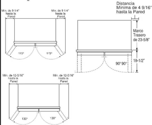 Min. de 9 1/4" hasta la Pared 115° 1'15° Min. de 9 1/4" hasta la Pared Distancia Minima de 4 9/16" hasta la Pared Marco Trasero de 23-5/8" 90°90° 18-1/2" Min. de 12-5/16" hasta la Pared Min. de 12-5/16" hasta la Pared 130° 130°