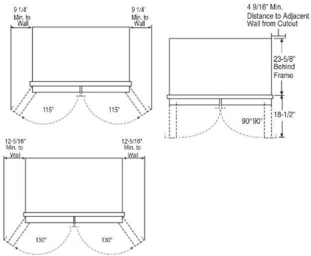 9 1/4" Min. to Wall 9 1/4" Min. to Wall 115° 115° 4 9/16" Min. Distance to Adjacent Wall from Cutout 23-5/8" Behind Frame 90°90° 18-1/2" 12-5/16" Min. to Wall 12-5/16" Min. to Wall 130° 130°
