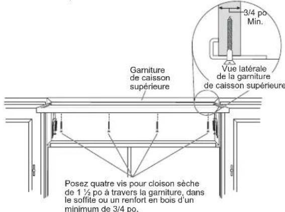 3/4 po. Min. Garniture de caisson supérieure Vue latérale de la garniture de caisson supérieure Posez quatre vis pour cloison sèche de 1 ½ po à travers la garniture, dans le soffite ou un renfort en bois d'un minimum de 3/4 po.